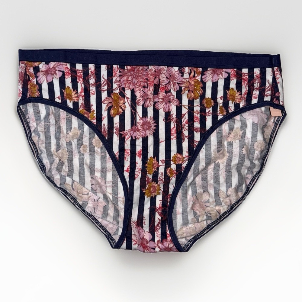 NWT Victoria's Secret High Leg Brief Panty XL Floral Stripe Modal Cotton Navy
